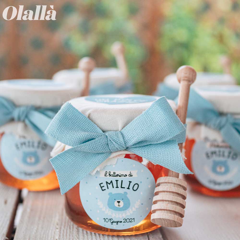 Vasetti di Miele 40 gr con Etichetta Azzurra Personalizzata con Simpatici Animali Idea Bomboniera Battesimo - immagine 3