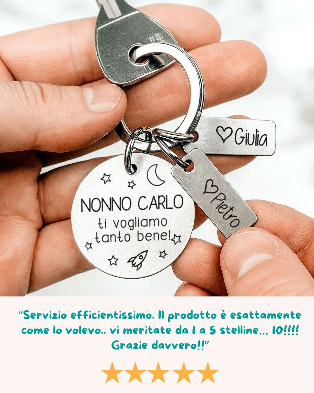 Portachiavi Tondo in Acciaio con Targhette Stelline e Razzo Personalizzato con Dedica e Nomi - Idea Regalo Nonno, Festa dei Nonni - immagine 7