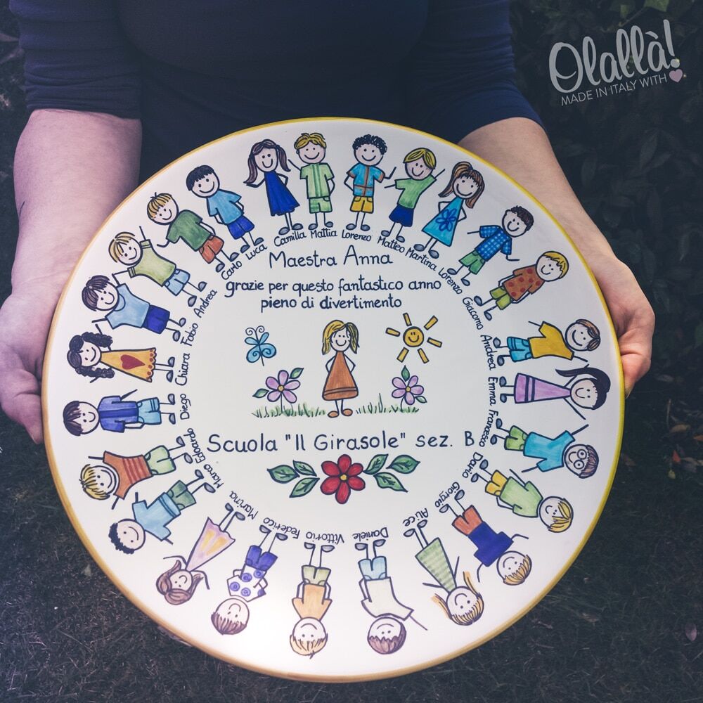Piatto Ceramica Maestra Regalo Dipinto Ritratti Bambini