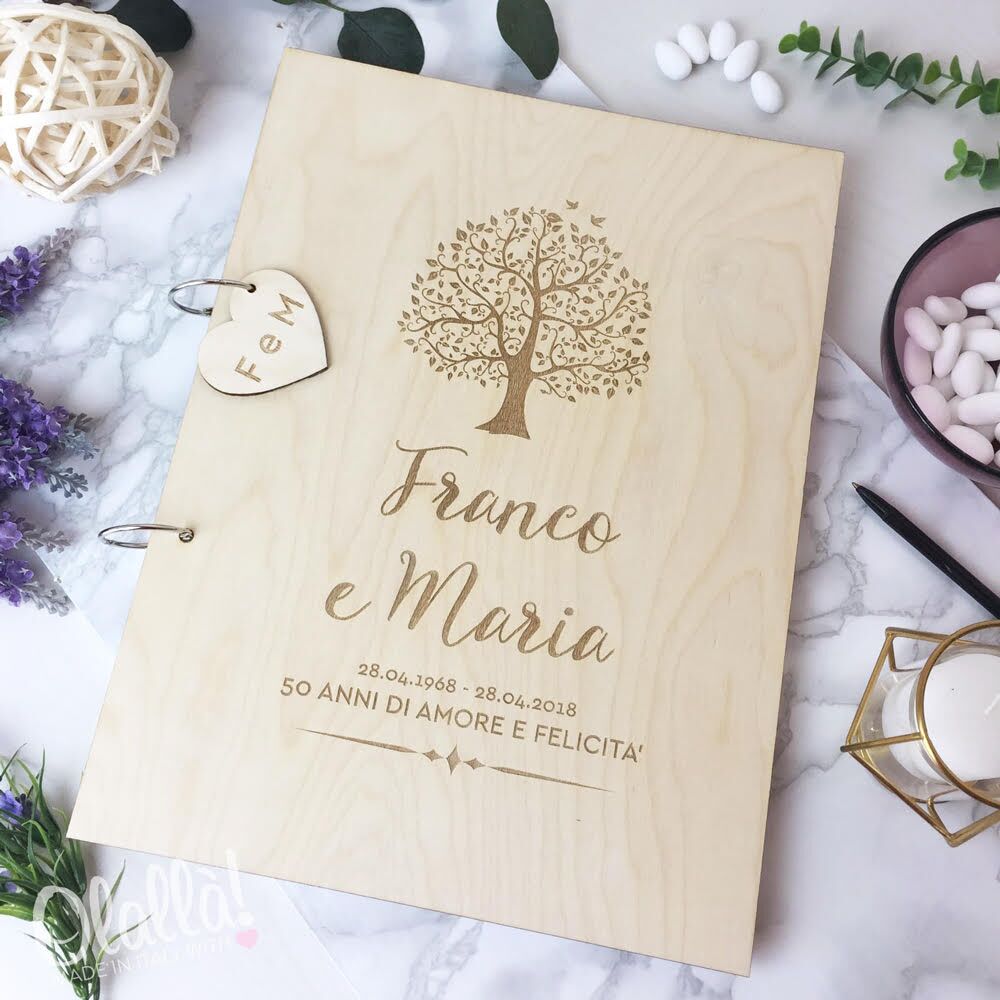 Guestbook Personalizzato Anniversario 50 Anni In Legno Con Albero Della Vita E Dedica