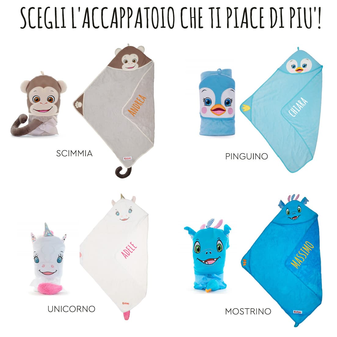 ACCAPPATOI CAPPUCCIO PERSONALIZZATI BAMBINO PUPAZZI
