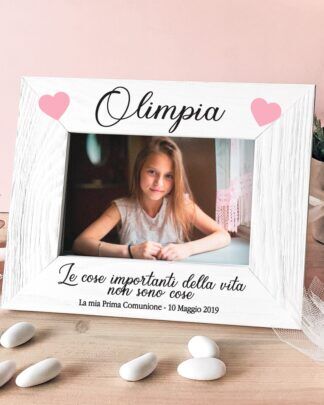 Set 5 Cornici Personalizzate Con Nome Cuoricini e Frase Idea Bomboniera Comunione o Battesimo