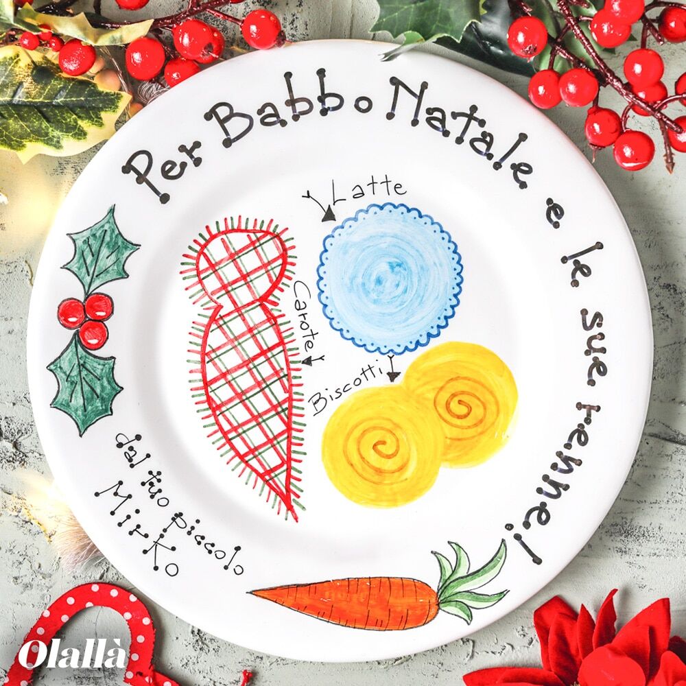 Piatto in Ceramica Dipinto a Mano per Aspettare Babbo Natale e le Renne Latte Biscotti Carota