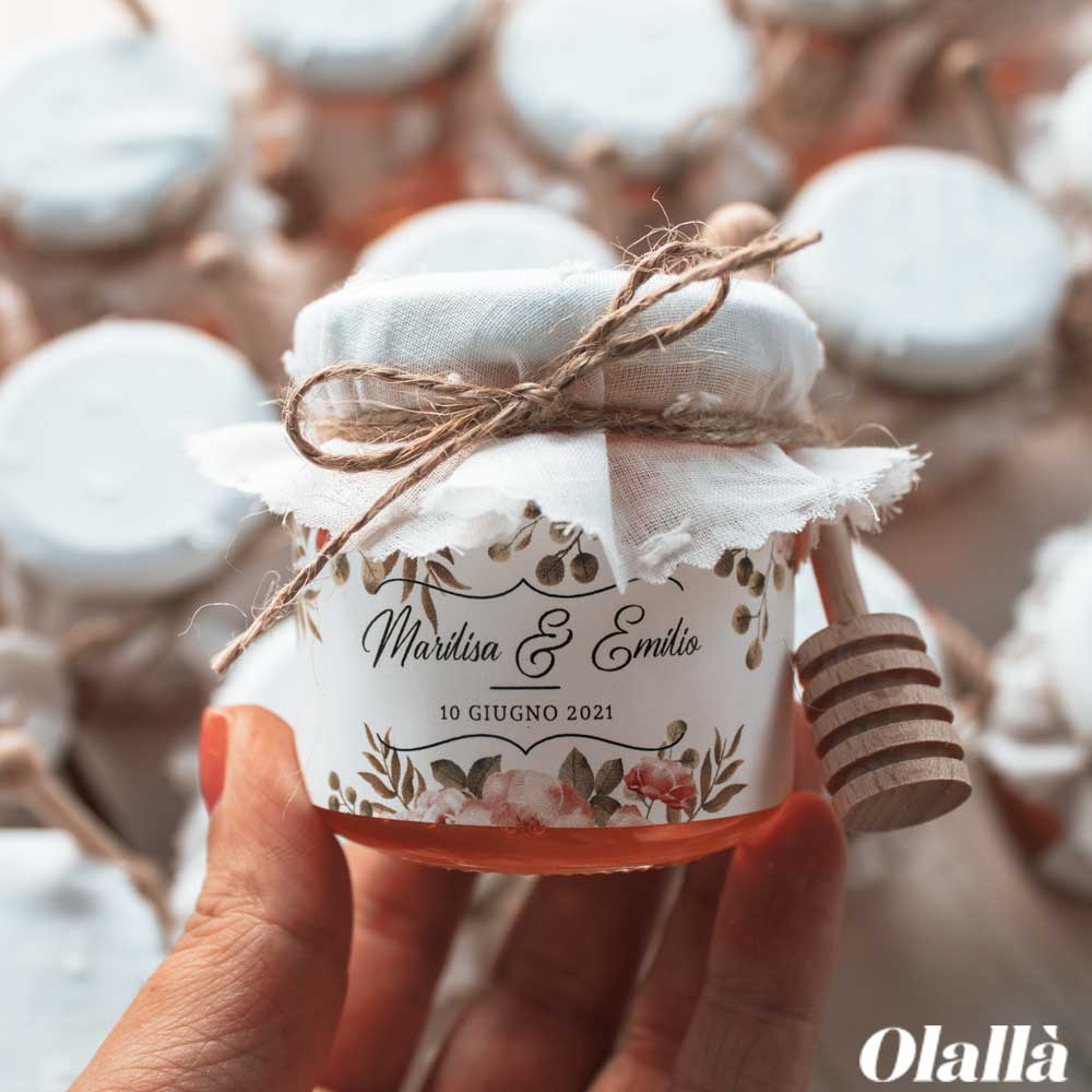 Vasetti di Miele 250 gr con Etichetta Floreale, Tessuto con Ricamo e Spago Idea Bomboniera Matrimonio - immagine 2