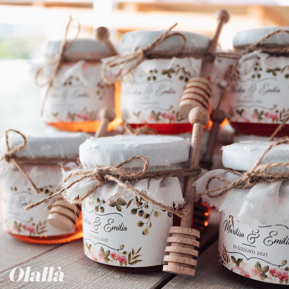 Vasetti di Miele 250 gr con Etichetta Floreale, Tessuto con Ricamo e Spago Idea Bomboniera Matrimonio