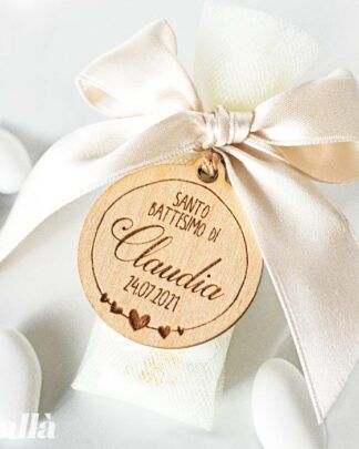 Sacchettino Portaconfetti con Tag in Legno Personalizzata Tonda Elegante