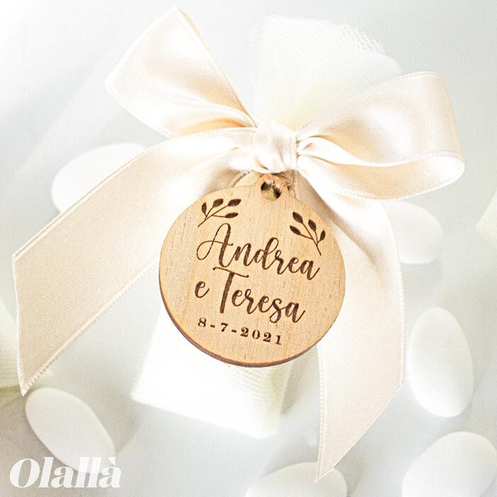 Sacchettino Portaconfetti con Tag in Legno Personalizzata Tonda Elegante con Foglioline