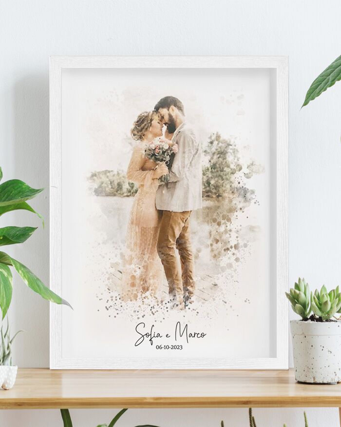 Ritratto Effetto Acquerello dalla Tua Foto Stampato e Incorniciato - Idea Regalo per Anniversario, San Valentino