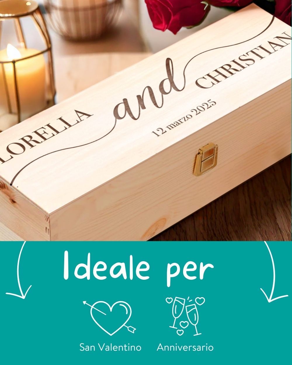 Cassettina Porta Vino in Legno Personalizzata con Nomi e Data - Idea Regalo Anniversario Matrimonio - immagine 3