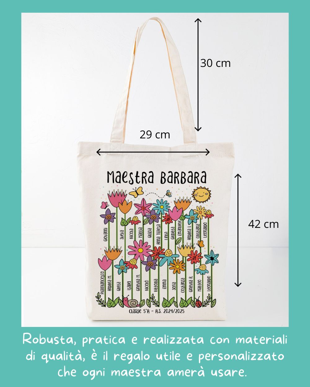 Borsa Personalizzabile con Fiori, Nomi Alunni e Dedica - Idea Regalo Originale Maestre, Regalo di Classe Fine Anno Scolastico - immagine 5