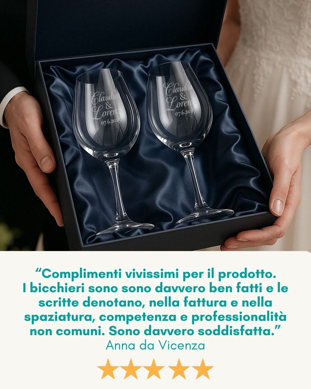Coppia di Calici, Set 2 Calici da Vino Personalizzati con Nomi e Data in Corsivo - Idea Regalo per Anniversario, Matrimonio - immagine 13