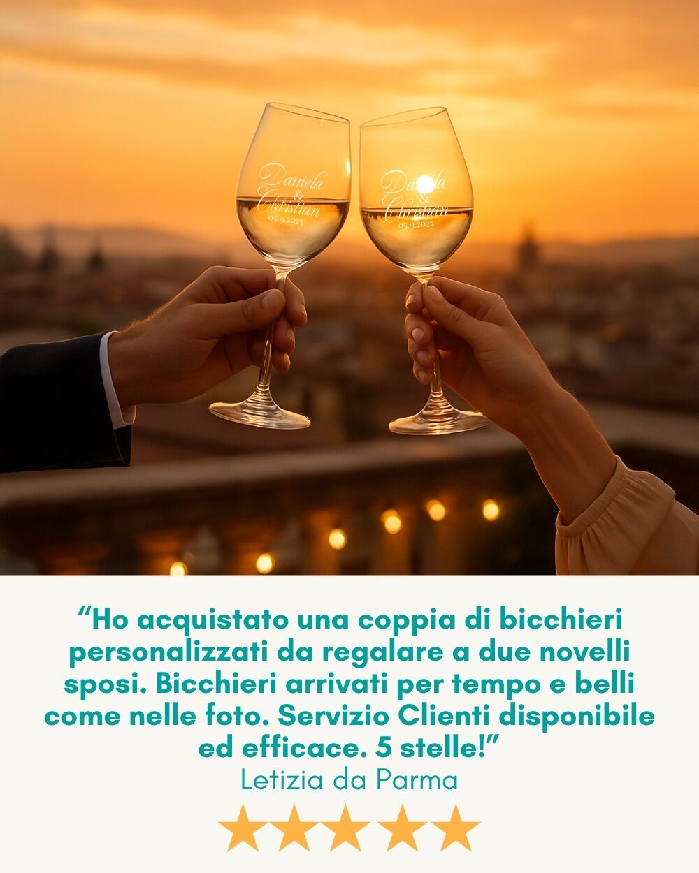 Coppia di Calici, Set 2 Calici da Vino Personalizzati con Nomi e Data in Corsivo - Idea Regalo per Anniversario, Matrimonio - immagine 17