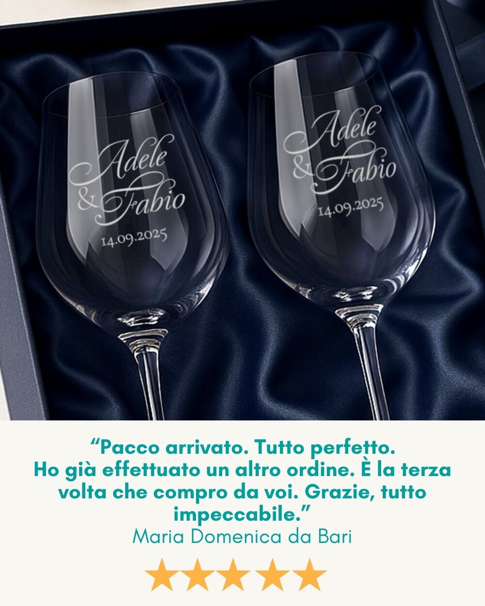 Coppia di Calici, Set 2 Calici da Vino Personalizzati con Nomi e Data in Corsivo - Idea Regalo per Anniversario, Matrimonio - immagine 18