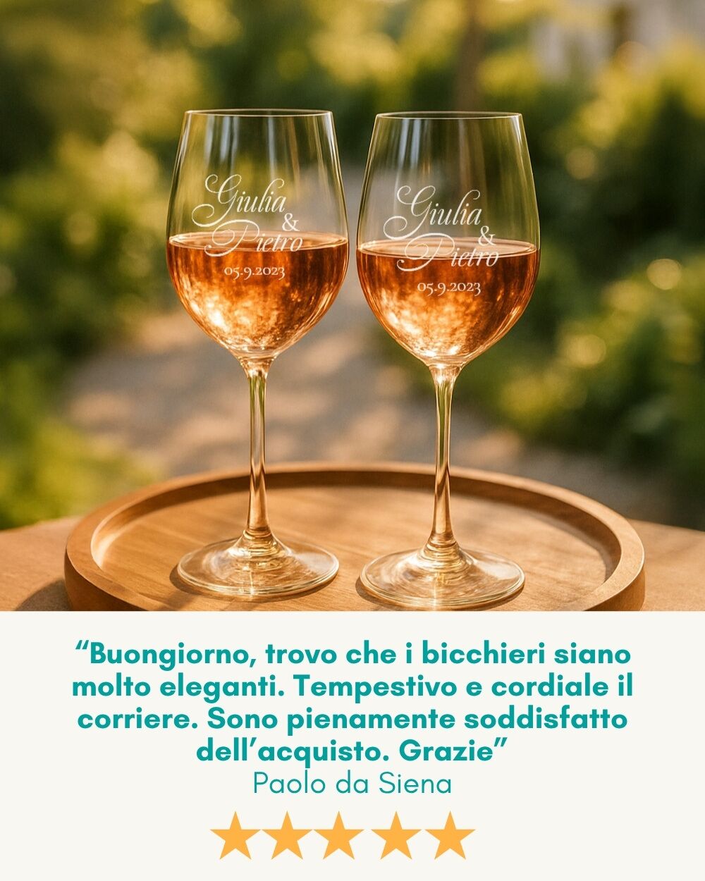 Coppia di Calici, Set 2 Calici da Vino Personalizzati con Nomi e Data in Corsivo - Idea Regalo per Anniversario, Matrimonio - immagine 20