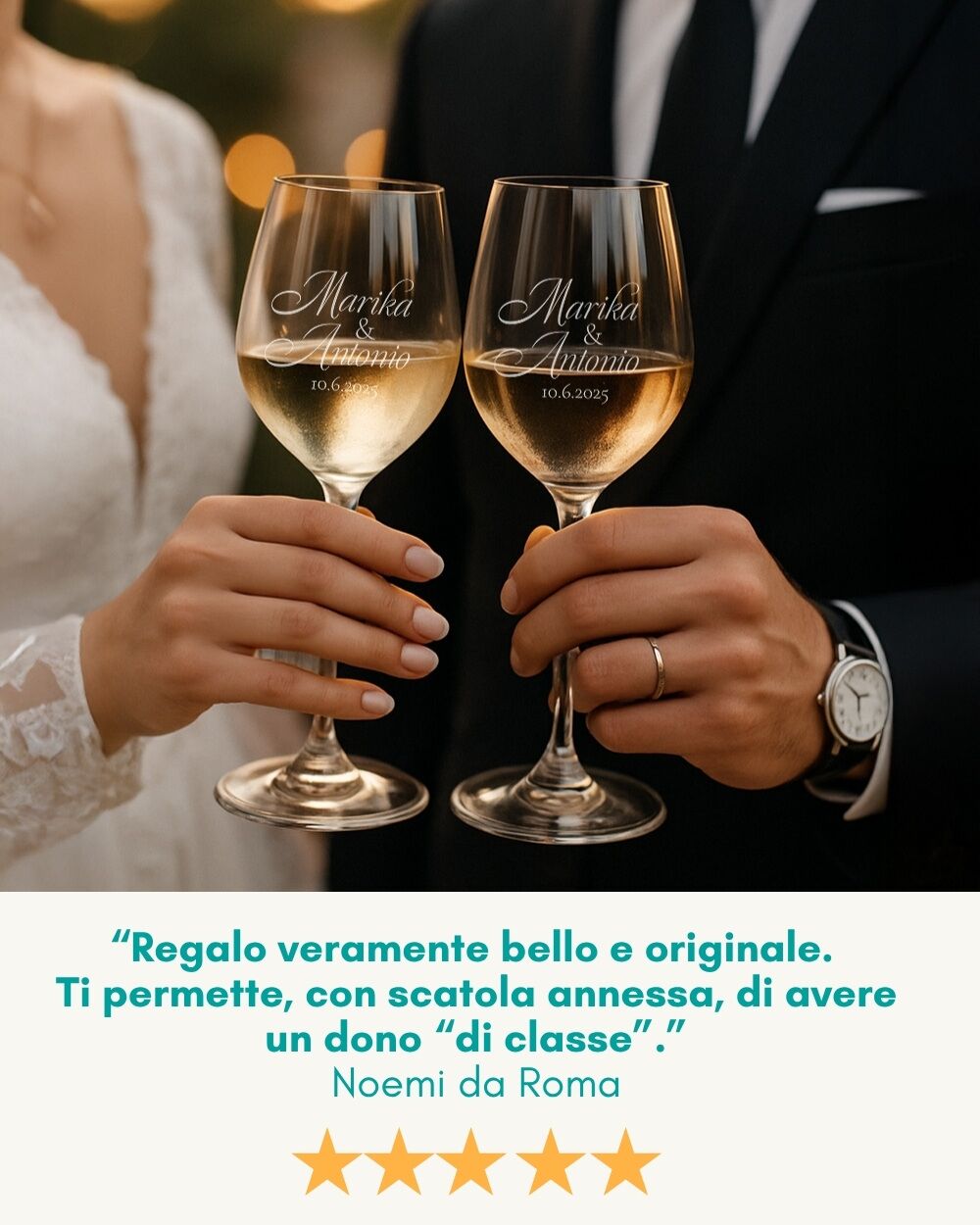 Coppia di Calici, Set 2 Calici da Vino Personalizzati con Nomi e Data in Corsivo - Idea Regalo per Anniversario, Matrimonio - immagine 21