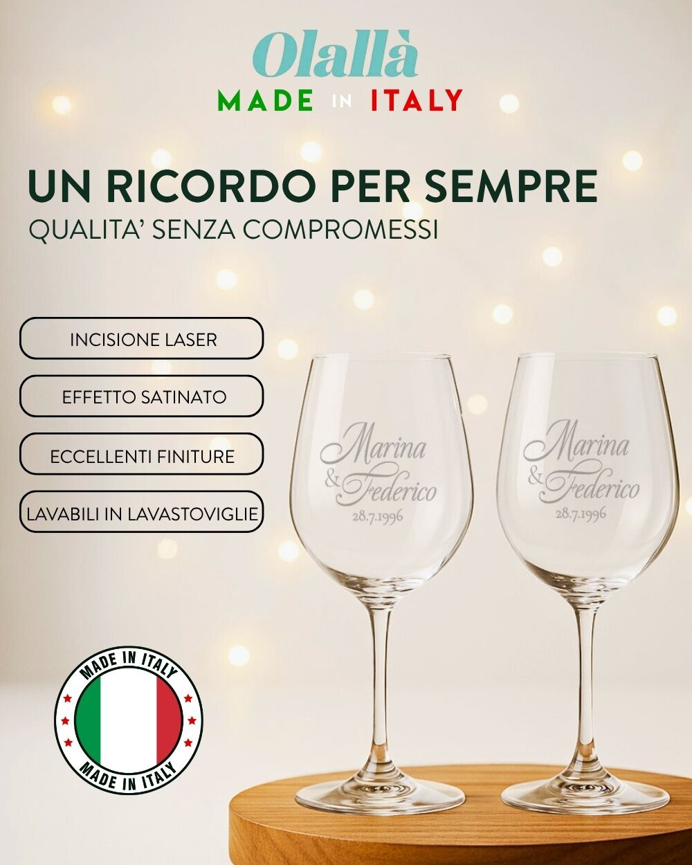 Coppia di Calici, Set 2 Calici da Vino Personalizzati con Nomi e Data in Corsivo - Idea Regalo per Anniversario, Matrimonio - immagine 4
