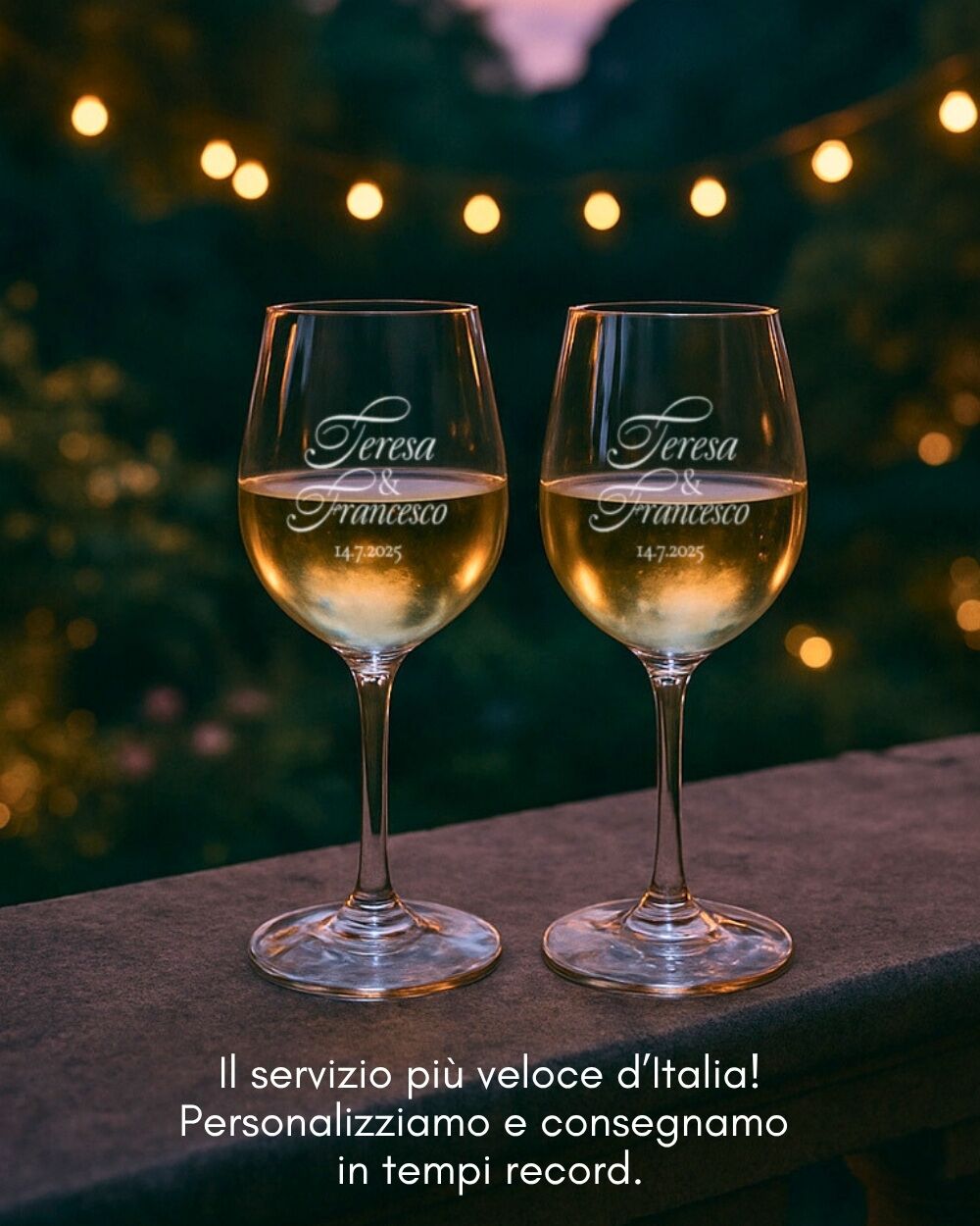 Coppia di Calici, Set 2 Calici da Vino Personalizzati con Nomi e Data in Corsivo - Idea Regalo per Anniversario, Matrimonio - immagine 11