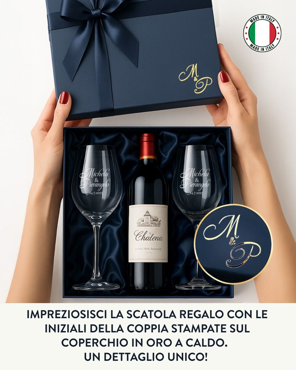 Coppia di Calici, Set 2 Calici da Vino Personalizzati con Nomi e Data in Corsivo - Idea Regalo per Anniversario, Matrimonio - immagine 7