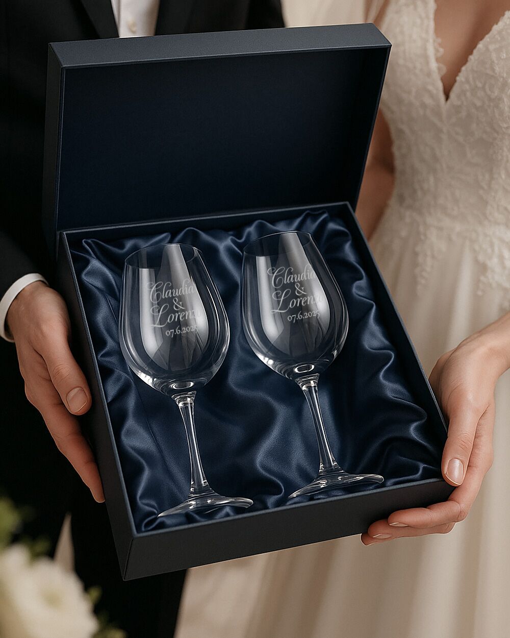 Coppia di Calici, Set 2 Calici da Vino Personalizzati con Nomi e Data in Corsivo - Idea Regalo per Anniversario, Matrimonio - immagine 16