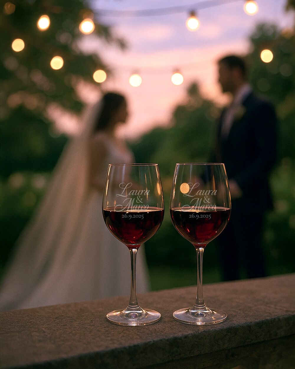 Coppia di Calici, Set 2 Calici da Vino Personalizzati con Nomi e Data in Corsivo - Idea Regalo per Anniversario, Matrimonio - immagine 15