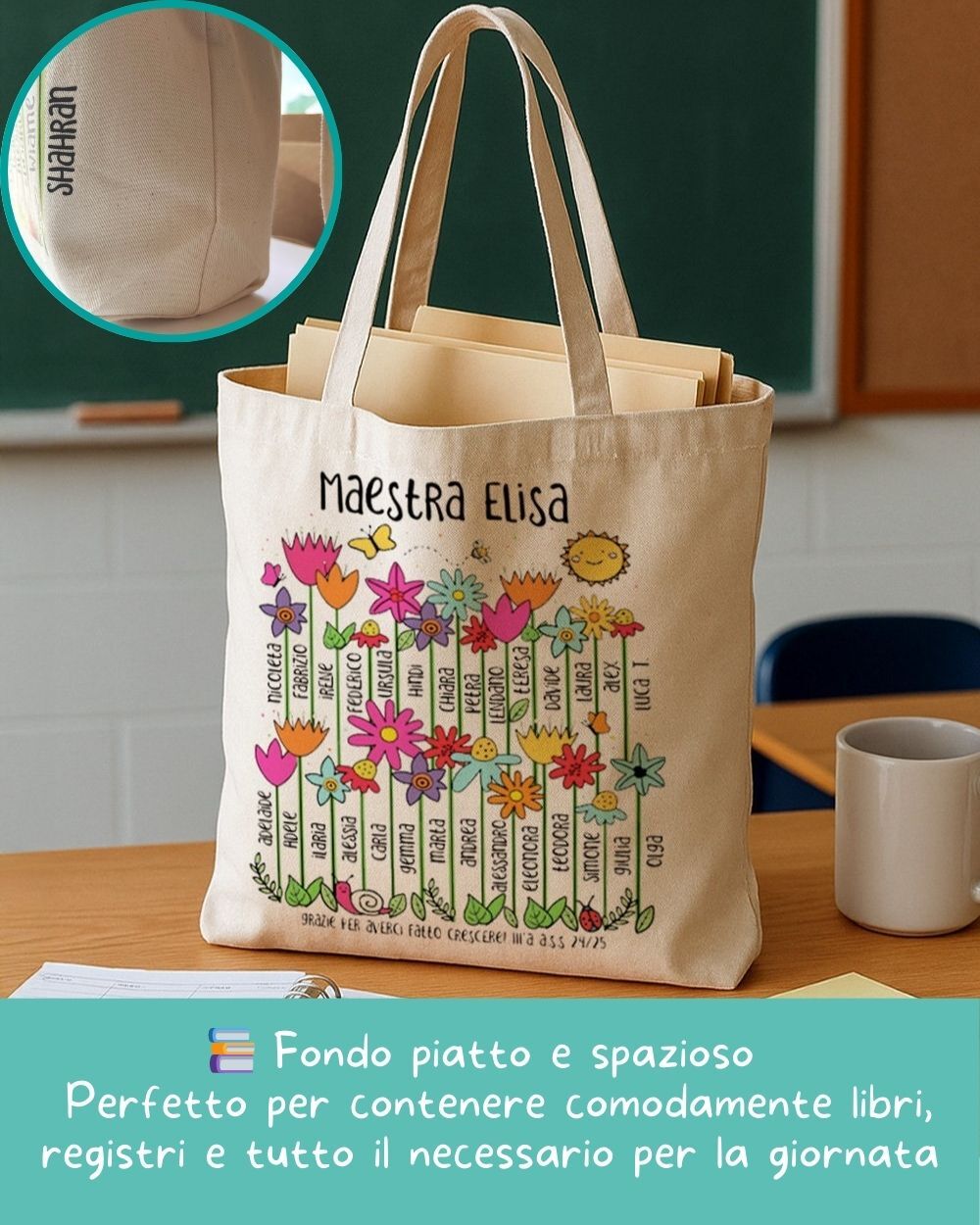 Borsa Personalizzabile con Fiori, Nomi Alunni e Dedica - Idea Regalo Originale Maestre, Regalo di Classe Fine Anno Scolastico - immagine 3