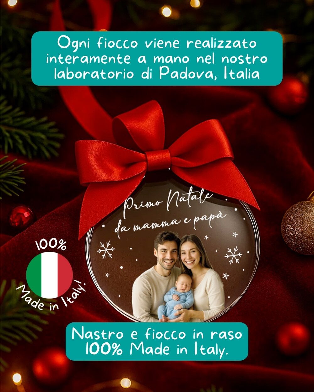 Pallina di Natale in Plexiglass, Decorazione Natalizia Personalizzata con Foto e Fiocchi di Neve "Primo Natale da Mamma e Papà" - Idea Addobbo per l'Albero, Regalo Natale Neo Genitori - immagine 3