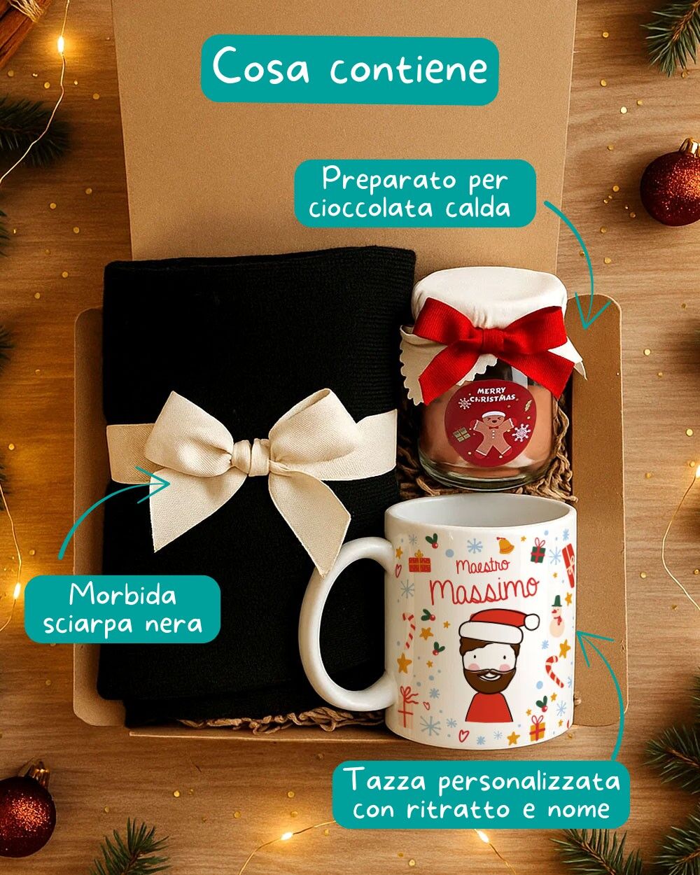 Gift Box “Buon Natale Maestro” con Tazza Personalizzata, Cioccolata Calda e Morbida Sciarpa – Idea Regalo di Natale per Maestro - immagine 2