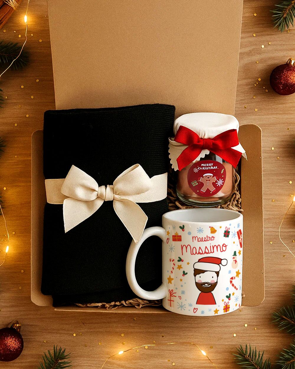 Gift Box “Buon Natale Maestro” con Tazza Personalizzata, Cioccolata Calda e Morbida Sciarpa – Idea Regalo di Natale per Maestro