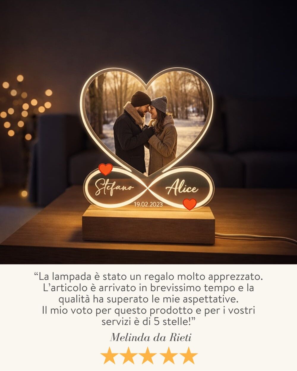Lampada Personalizzata con Foto, a Forma di Cuore con Simbolo dell'Infinito, con Nomi e Data - Idea Regalo San Valentino, Anniversario - immagine 11