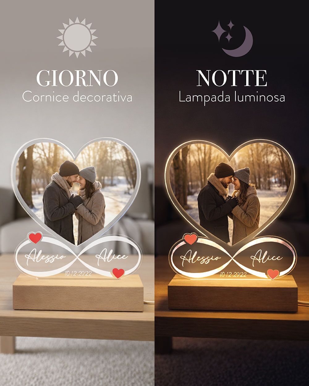 Lampada Personalizzata con Foto, a Forma di Cuore con Simbolo dell'Infinito, con Nomi e Data - Idea Regalo San Valentino, Anniversario - immagine 5