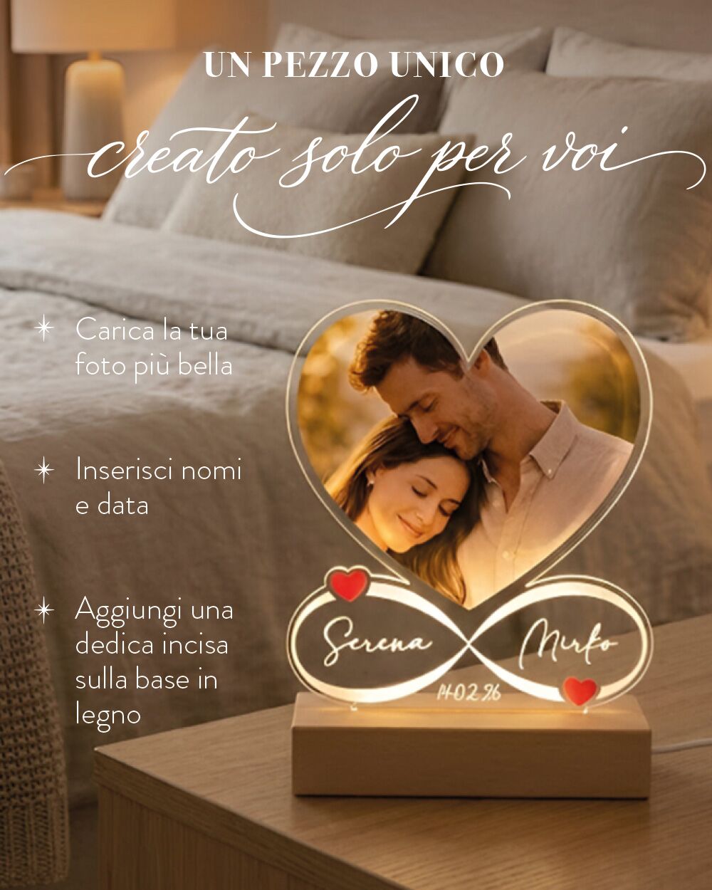 Lampada Personalizzata con Foto, a Forma di Cuore con Simbolo dell'Infinito, con Nomi e Data - Idea Regalo San Valentino, Anniversario - immagine 2