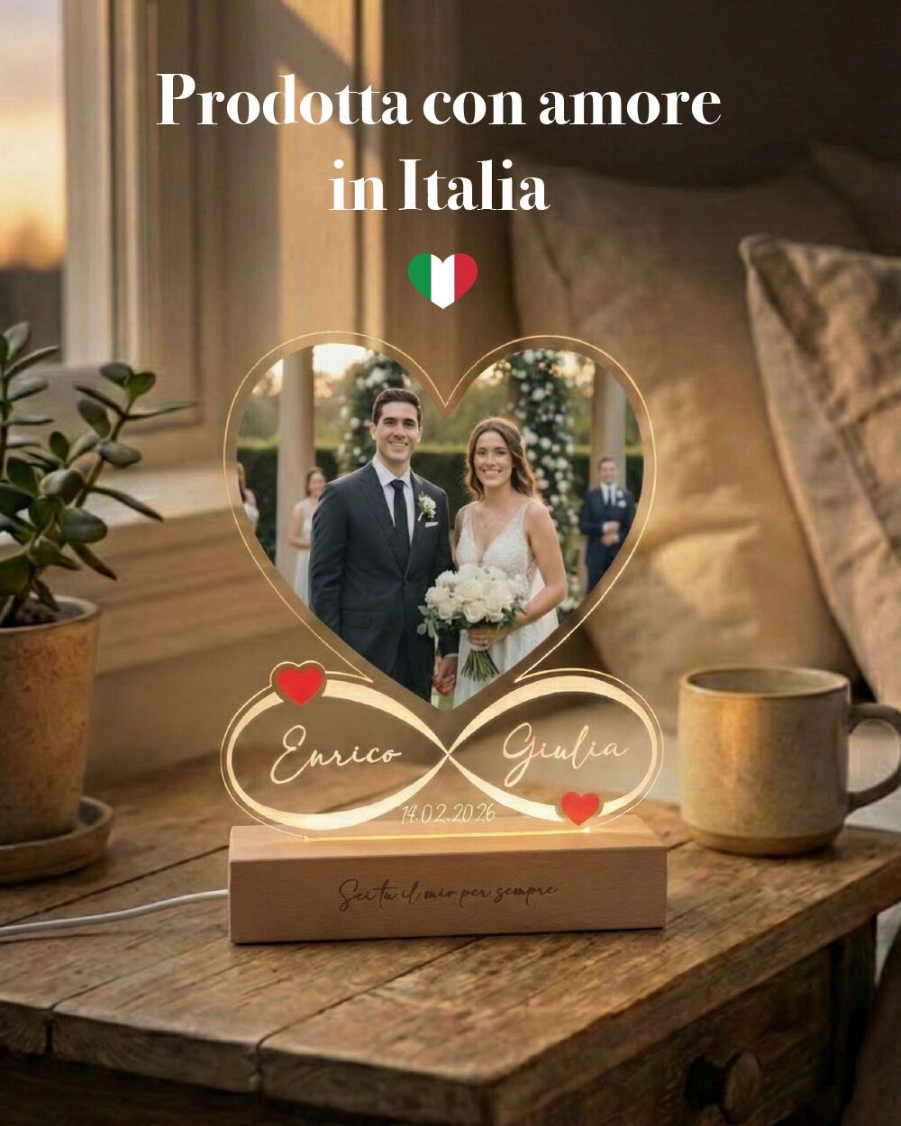 Lampada Personalizzata con Foto, a Forma di Cuore con Simbolo dell'Infinito, con Nomi e Data - Idea Regalo San Valentino, Anniversario - immagine 3