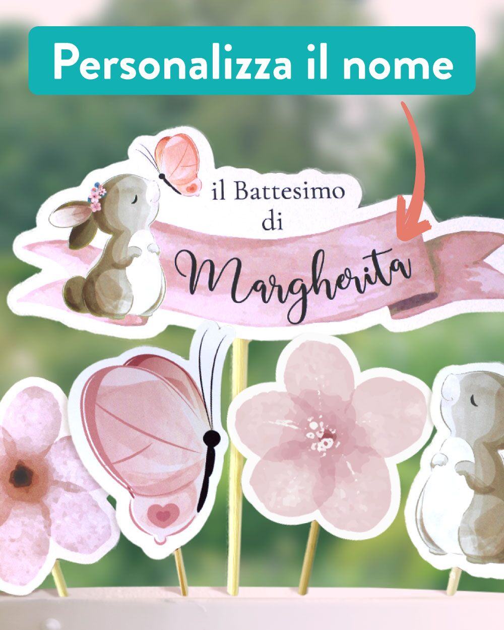 Cake Topper Decorazione Torta Battesimo Bambina Rosa Personalizzabile 04