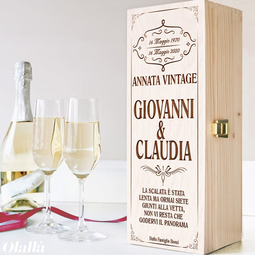 Cassettina Porta Vino in Legno Stile Vintage Personalizzata con Nomi, Data e Dedica - Idea Regalo Anniversario