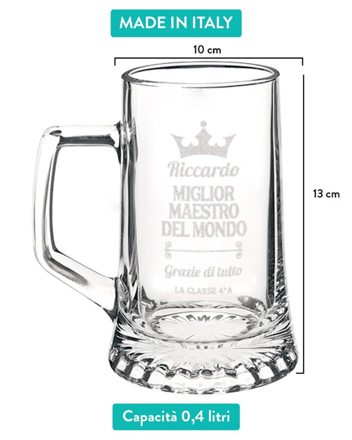Boccale da Birra Personalizzato con Corona e Dedica "Miglior Maestro del Mondo" - Idea Regalo Maestro o Professore per Fine Anno o Compleanno - immagine 5