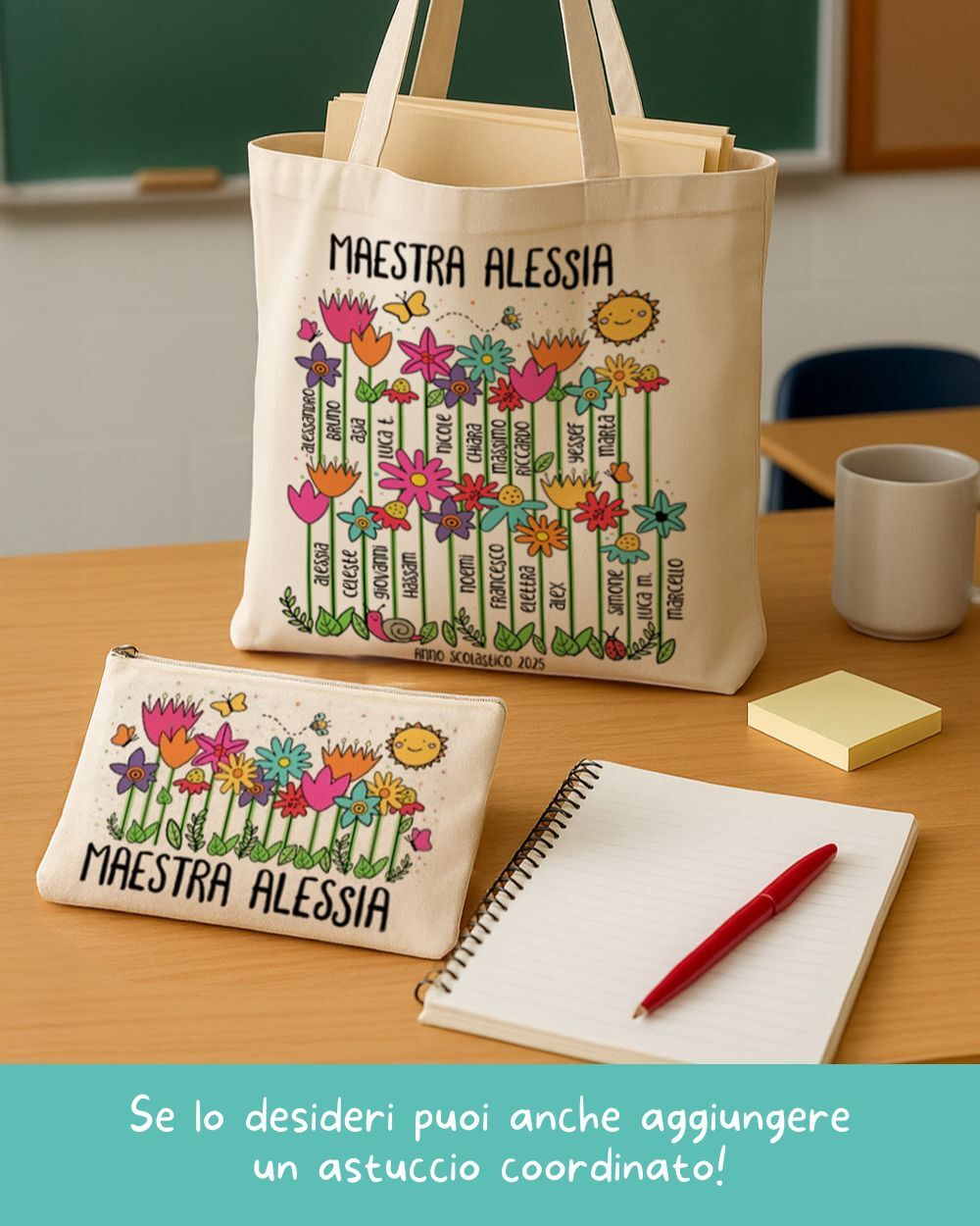 Borsa Personalizzabile con Fiori, Nomi Alunni e Dedica - Idea Regalo Originale Maestre, Regalo di Classe Fine Anno Scolastico - immagine 8