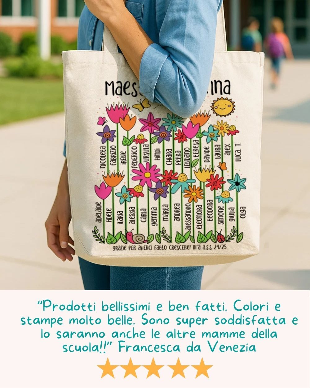 Borsa Personalizzabile con Fiori, Nomi Alunni e Dedica - Idea Regalo Originale Maestre, Regalo di Classe Fine Anno Scolastico - immagine 12