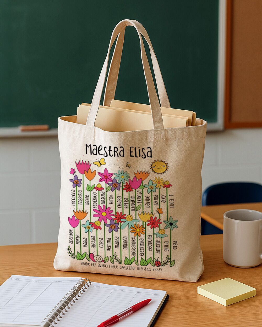 Borsa Personalizzabile con Fiori, Nomi Alunni e Dedica - Idea Regalo Originale Maestre, Regalo di Classe Fine Anno Scolastico - immagine 14
