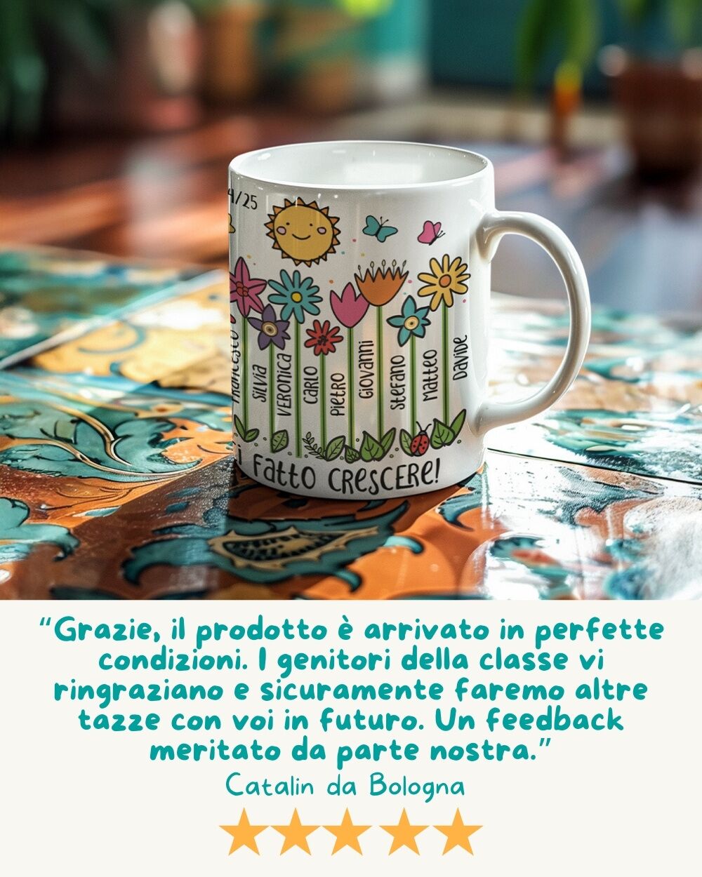 Tazza Personalizzata con Fiori e Nomi dei Bambini - Idea Regalo per Maestra - immagine 8