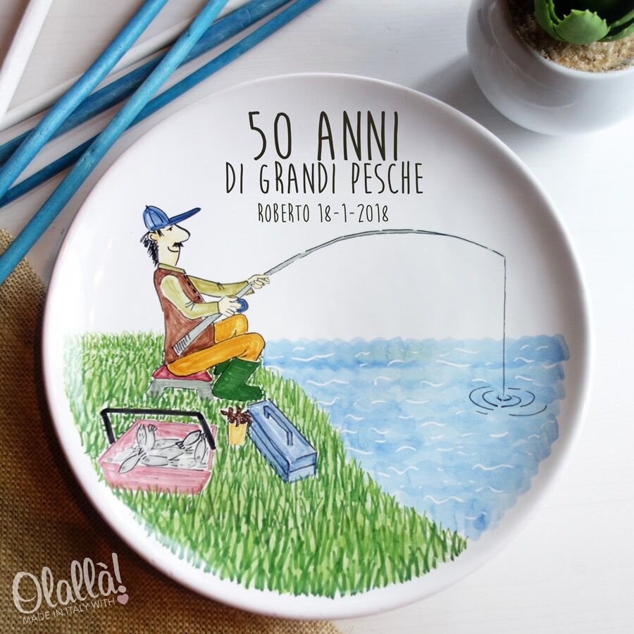 Piatto Dipinto Mano Compleanno Pesca Personalizzato