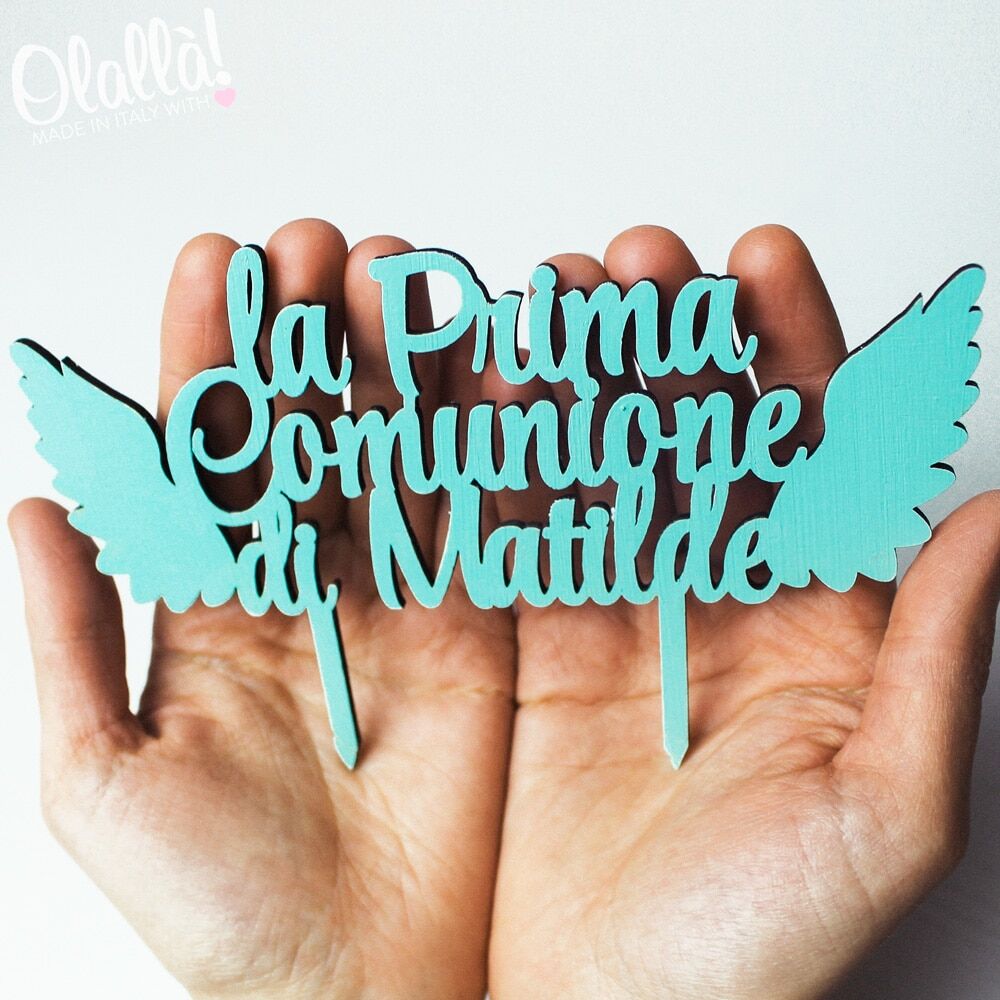 Cake Topper La Mia Prima Comunione Ali Personalizzato Celeste