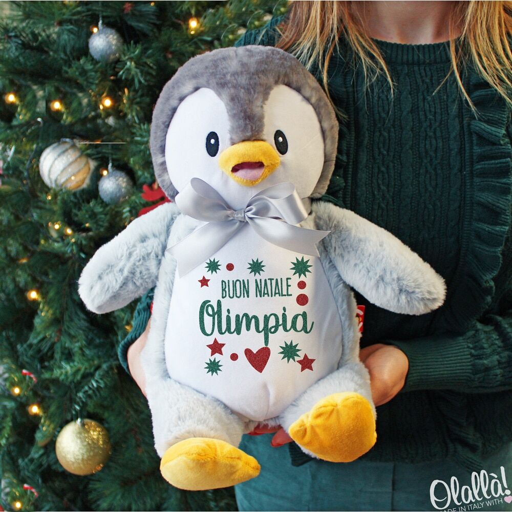 Peluche Pupazzo Pinguino Natale Personalizzato Cuore Stelle