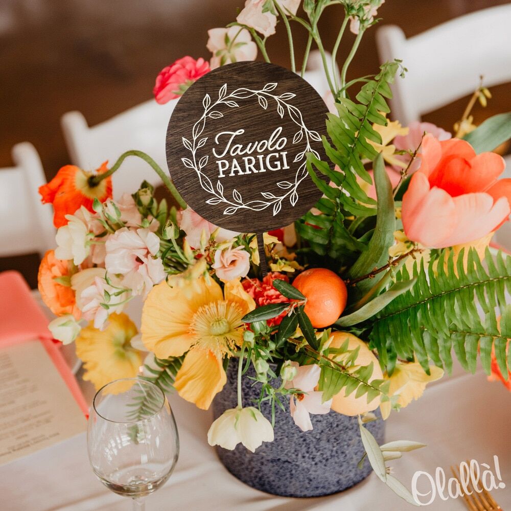 Segnatavolo Legno Tondo Matrimonio FoliageJPG