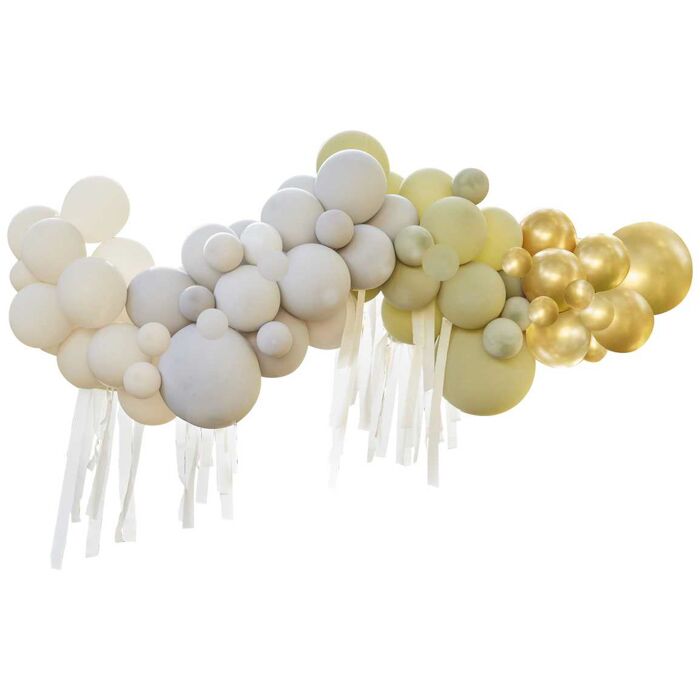 arco-palloncini-oro-verde-avorio-con-strisce -carta-foglie-palma