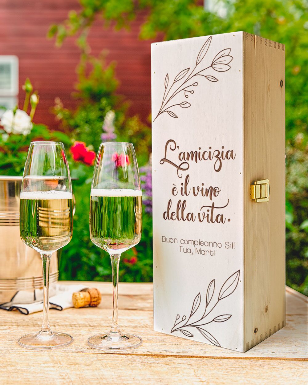 Cassettina Compleanno Donna Decoro Ramo Personalizzata Vino Legno