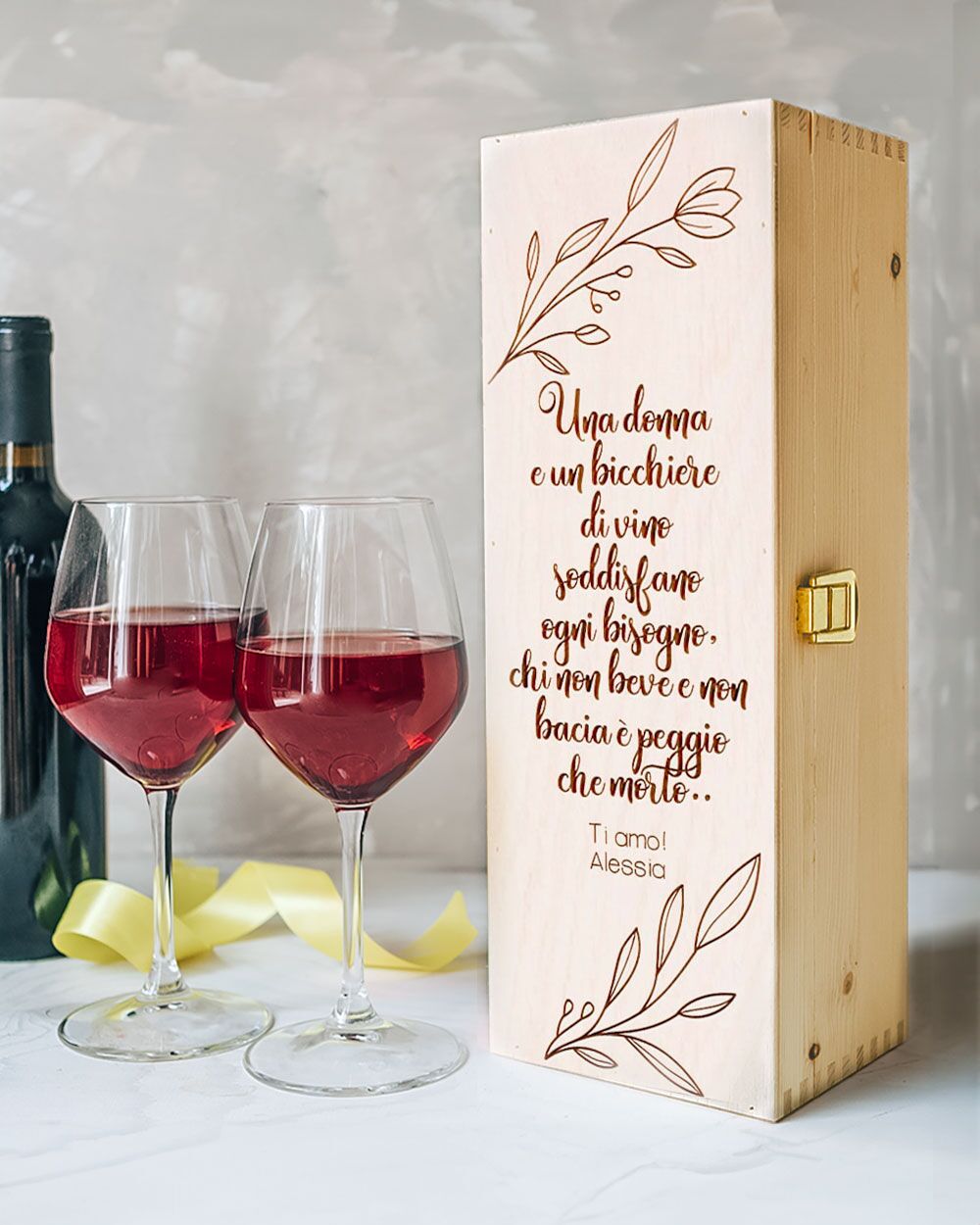 Cassettina Compleanno Donna Decoro Ramo Personalizzata Vino Legno3e