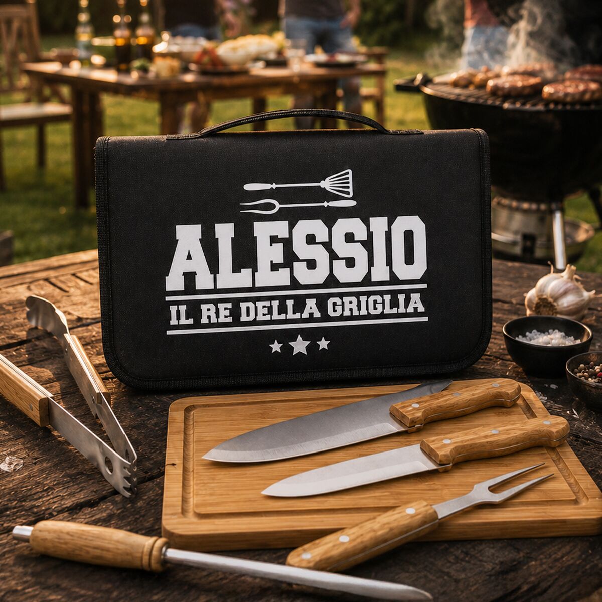 Set Barbecue Personalizzato "Il Re della Griglia" con Utensili per BBQ - Idea Regalo Papà, Amanti Cucina e BBQ