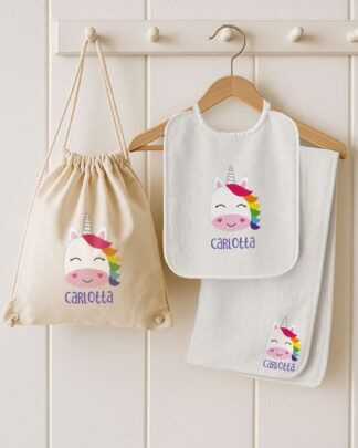 SET Asilo Zaino Sacca Borraccia Personalizzato Unicorno Bambina Bianco Nome8