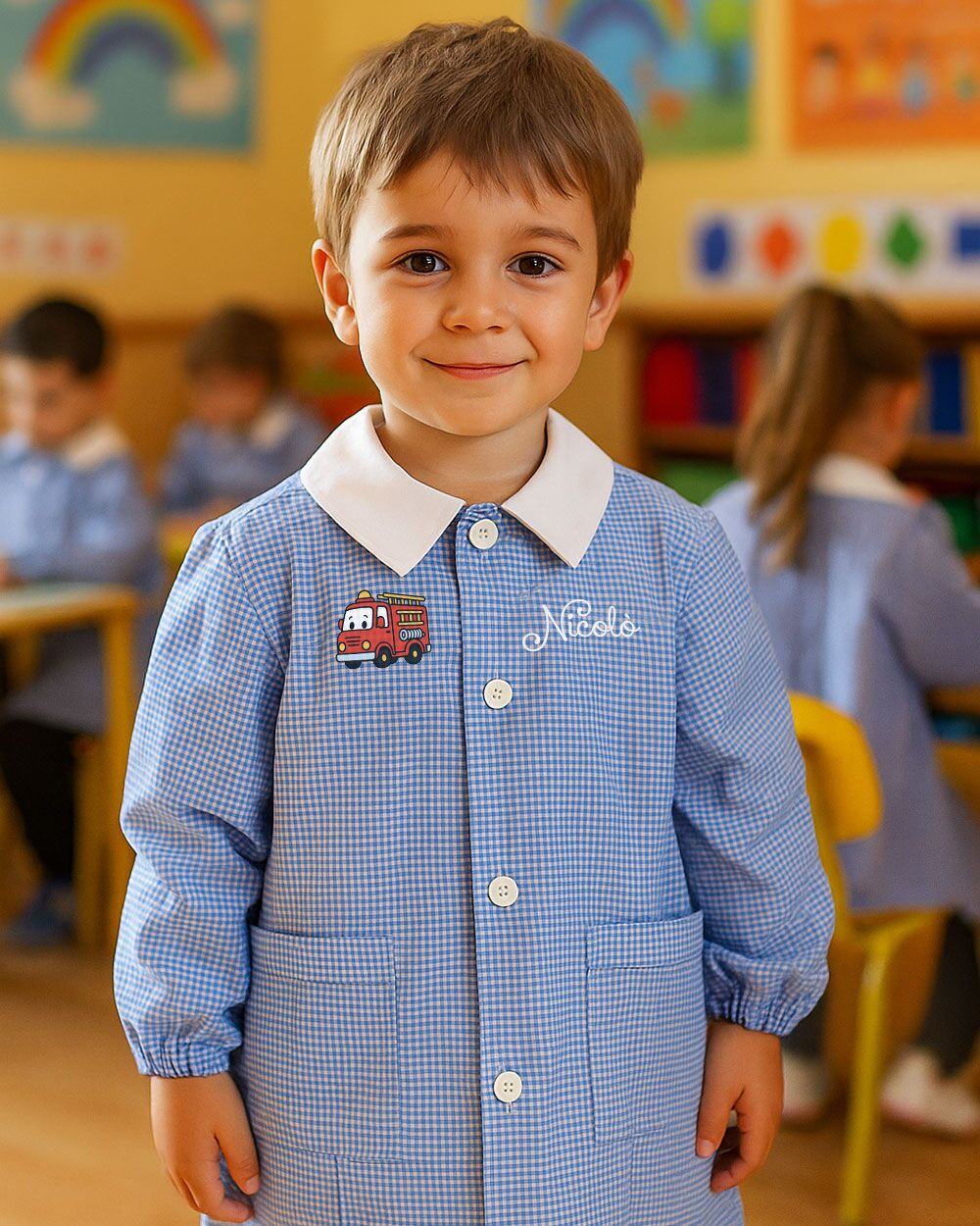 Grembiule Bambina Scuola Personalizzato Siggi Quadretti Azzurro Pompieri