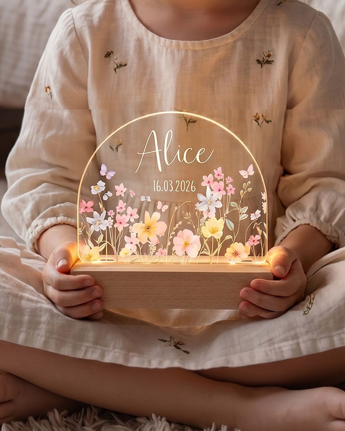 Lampada a LED in Plexiglass Personalizzata con Nome, Data e Fiori – Idea Regalo Nascita, Battesimo, Compleanno Bambina - immagine 6